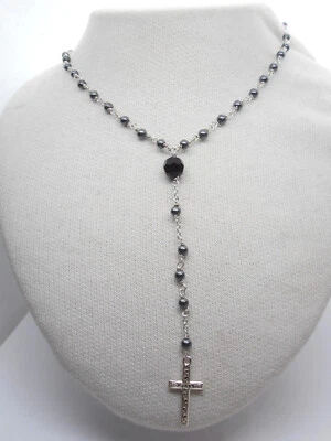 Rosario in Argento 925 e Ematite Naturale - Collana Girocollo Pietre Dure Croce - Immagine 1 di 4