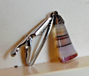 Mens Tiebar Hanging Stone agate brown stripes pretty VG silvertone tie bar - Picture 1 of 3