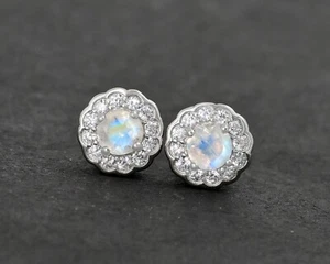 Pendiente de plata de ley 925 con piedra lunar arco iris natural de 5 mm regalo de Navidad - Imagen 1 de 4