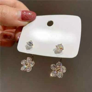 925 Silver Flower Zircon Crystal Earrings Ear Stud Drop Women Jewelry Xmas Gift - Picture 1 of 8