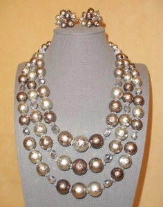 Unusual Metallic Brown & Silver Bead Necklace & Earring Set by Vendome Jewelry - Picture 1 of 12