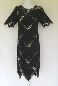 VINTAGE 1970s 80s ARGENTI SILK SEQUIN BEADED DRESS BLACK SILVER SIZE 10 - Picture 1 of 12