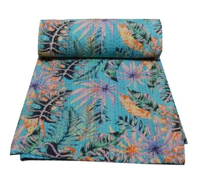 Colcha boho hippie bordada feita à mão com estampa de folhas Kantha - Imagem 1 de 4