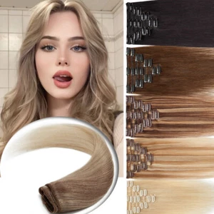 CLEARANCE Clip In Remy Human Hair Extensions Real Hairpiece 8PCS Full Head Blond - Picture 1 of 70