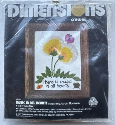 1977  Dimensions Crewel Music In All Hearts Embroidery Kit butterfly flower 1055 - Image 1 of 4