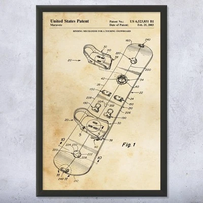 Snowboard Patent Wall Art: Snowboarding Gifts, Man Cave Decor, Snowboard Art - Image 1 of 4