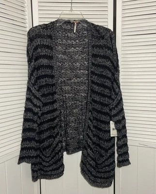 Free People Womens M Coal Black Cardigan NWT Open Sweater Boho Grunge Flowy - Image 1 of 4