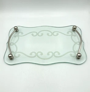 Etched Swirl Clear Glass Vanity Bathroom Tray Brushed Chrome Handles 12.5"x7.5" - Picture 1 of 11