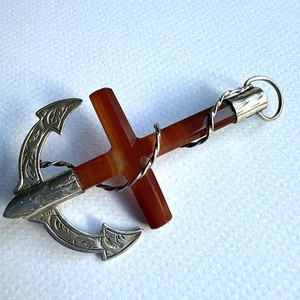 VINTAGE ANTIQUE VICTORIAN FINE SILVER SCOTTISH AGATE FOULED ANCHOR BROOCH - Picture 1 of 7