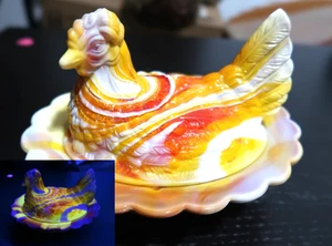 Vintage Mosser Slag Glass Hen On Nest 6.5" Red Orange Yellow White UV Glow GREAT - Picture 1 of 18