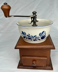 Vintage Crank Coffee Grinder Coffee Mill Wood Ceramic Blue Floral Pfaltzgraff - Picture 1 of 8
