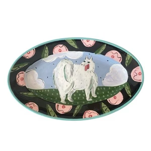 RARO Plato de servir ovalado grande de cerámica Droll Designs blanco esponjoso perro caprichoso - Imagen 1 de 7