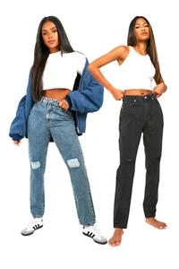 Ladies High Waisted Ripped Mom Straight Jeans Washed Denim Trousers Bottom - Picture 1 of 12