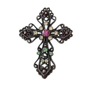 Vintage Ornate Bronze Color Cross Brooch With Colorful Gemstones - Picture 1 of 5