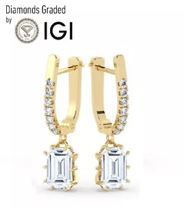 IGI,2.00 CT, Solitaire Lab-Grown Emerald Diamond Hoops Earring ,18K Yellow Gold - Picture 1 of 14