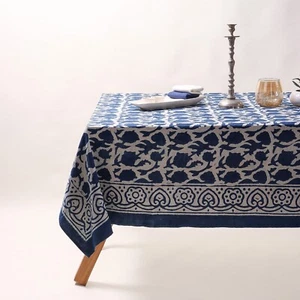 Cotton Hand Block Print Dabu Indian Tablecloth Rectangle Indigo Blue Floral - Picture 1 of 5