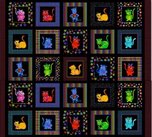 Loralie Cat Fabric 1.6 Panels (37"X44") Cats Animal Black Cotton Loralie Designs - Picture 1 of 1