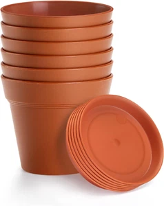 6 Pack Plastic Plant Pots with Drainage Holes and Tray, 4 Inch Thickened Indoor - Picture 1 of 6