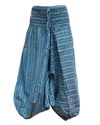 Gestreifte Haremshose aus Baumwolle, Blau, Elastischer Bund, Weites Bein, Seiten - Bild 1 von 4