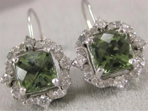 FANCY 3.25CTW DIAMOND GREEN TOURMALINE HANGING 14K W GOLD CUSHION EARRINGS E3920 - Picture 1 of 12