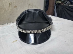 Black Genuine Leather Biker Army Fetish Peak Muir chain cap - Picture 1 of 5
