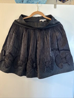 NANETTE LEPORE 女式皮革蕾丝 A 字黑色迷你裙 10 码 — 第 1/4 张图片