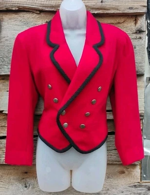 Винтажный красный шерстяной укороченный блейзер Liz Wear 4 с черной отделкой и золотой пуговицей 80-е 90-е - Изображение 1 из 4