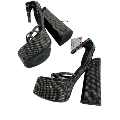 Sandálias plataforma Zara strass salto alto robusto preto e prata tamanho 6 - Imagem 1 de 4