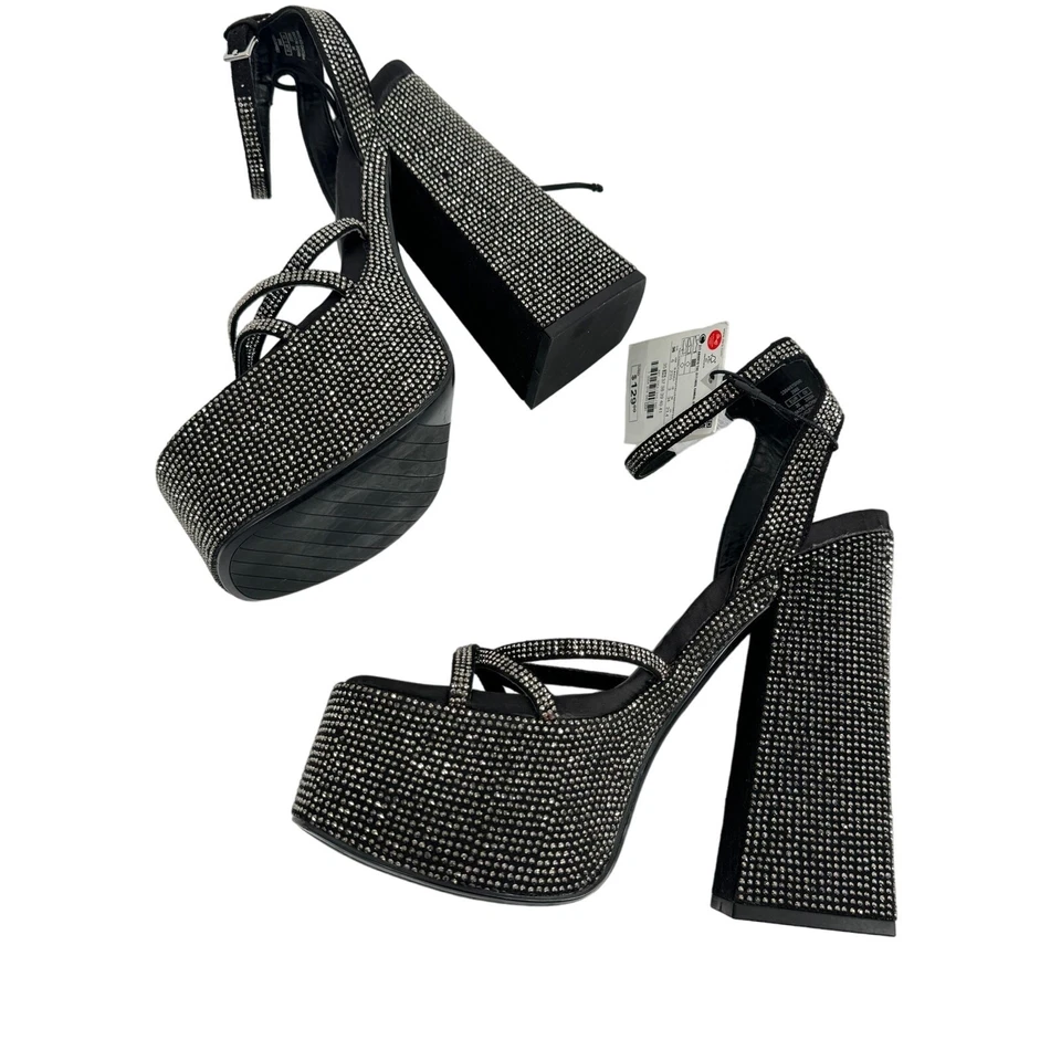 Sandalias de plataforma de tacón alto gruesas de diamantes de imitación de Zara negras y plateadas talla 6 Foto 1 de 4