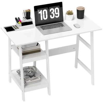 Computer Desk PC Laptop Table Home Office Study White Desk With Book Shelves - Image 1 of 4