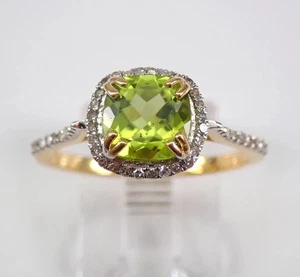 14K Yellow Gold Plated 2Ct Cushion Cut Lab-Created Peridot Halo Engagement Ring - Picture 1 of 9