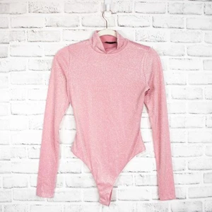 Naked Wardrobe Pink Shimmer Mock Neck Long Sleeve Bodysuit Medium Casual Girly - Picture 1 of 14