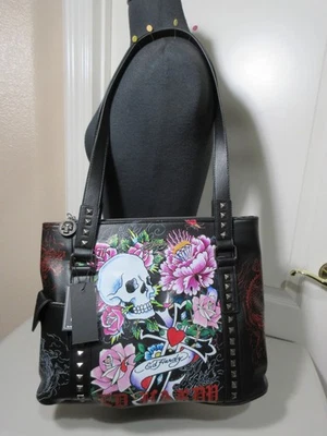 NUEVO BOLSO DE HOMBRO ED HARDY LOVE KILLS SLOW GRANDE PÚRPURA FLORES/CRÁNEO/DRAGONES Foto 1 de 4