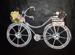 Vintage 3D Jewelry Art~Rustic Farmhouse Style BIKE floral OOAK - Picture 1 of 3