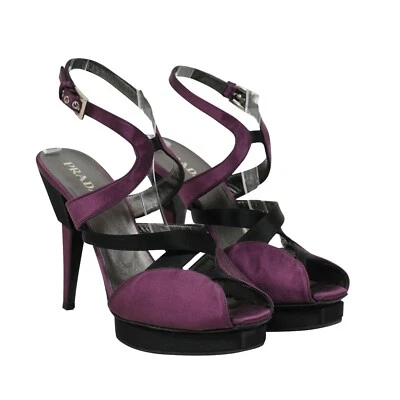 普拉达女式凉鞋 US8.5 38.5 紫色紫色缎面露趾绑带高跟鞋高跟鞋 — 第 1/4 张图片