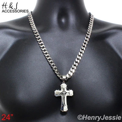 24" HOMBRE Acero Inoxidable 9mm Plata Bordillo Cubano Cadena Collar Cruz Colgante*H2 Foto 1 de 4