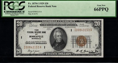 1929 $20 Federal Reserve Bank Note Minneapolis - FR.1870-I - Graded PCGS 66PPQ - Image 1 of 2