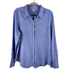 Orvis Linen Blend Shirt Top Ladies Large Blue Button Down Long Sleeve Roll Tab - Picture 1 of 15