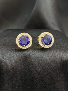 4,90 Cts Runder Brillant Natürlich Diamanten Blau Saphir Ohrstecker 18K Gelbgold - Bild 1 von 12