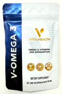 Vital Health V-OMEGA 3, Vitamins, Astaxanthin 90 Capsules, EXP 9/2026 - Picture 1 of 2