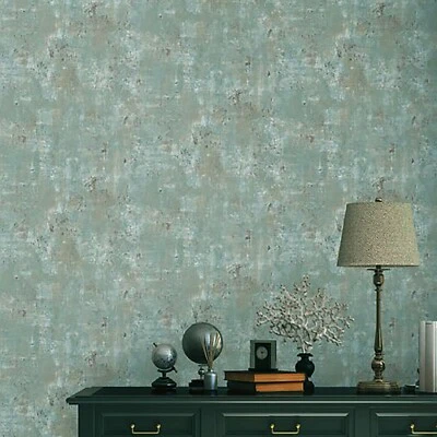 Distressed grayish green mint gold metallic Faux Concrete textured wallpaper - Image 1 of 4