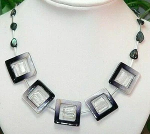 Halskette Perlmutt Rahmen schwarz weiß Perle Lampwork Silberfolie Quadrat 278b - Bild 1 von 3