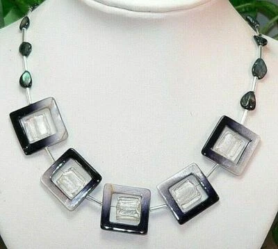 Halskette Perlmutt Rahmen schwarz weiß Perle Lampwork Silberfolie Quadrat 278b - Bild 1 von 3