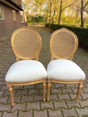 Chairs Pair French Louis XVI Gold Leaf Beech Wood Cane Back Upholstered Set - Image 1 of 4