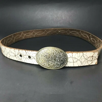 Old Navy Women's Belt XL Ivory Brown Leather Crackled Gold Floral Buckle Jeans - Image 1 of 4