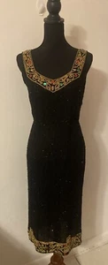 Vintage Lauren Alexandra 100% Silk Black Beaded Sequin Midi Dress Size Medium - Picture 1 of 15