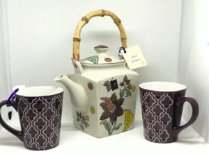 Miyabi Asiatisches Design Keramik Teekanne/Kaffeekanne mit Bambus Stil Griff mit 2 Tassen - Bild 1 von 12