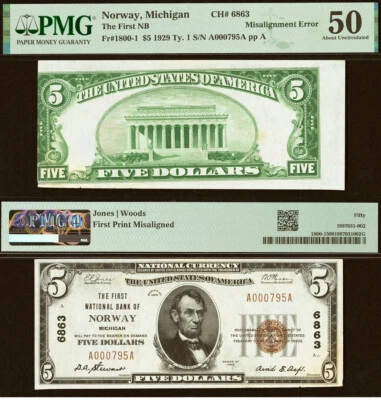 1929 $5 National Bank Norway, Michigan CH# 6863 PMG 50 misaligned error note - Image 1 of 3