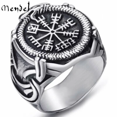 MENDEL Stainless Steel Mens Nordic Viking Dragon Vegvisir Compass Ring Size 7-14 - Image 1 of 4