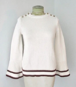 Maglione nuovo con etichette $60 LOFT panna 100% cotone chiaro scintillante righe oro polsini a campana XS - Foto 1 di 5